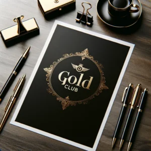 Elegant 'Gold Club'-logo for Orions eksklusive kundeklubb, presentert på et sofistikert skrivebord med luksuspennene som understreker en verdensklasse standard.